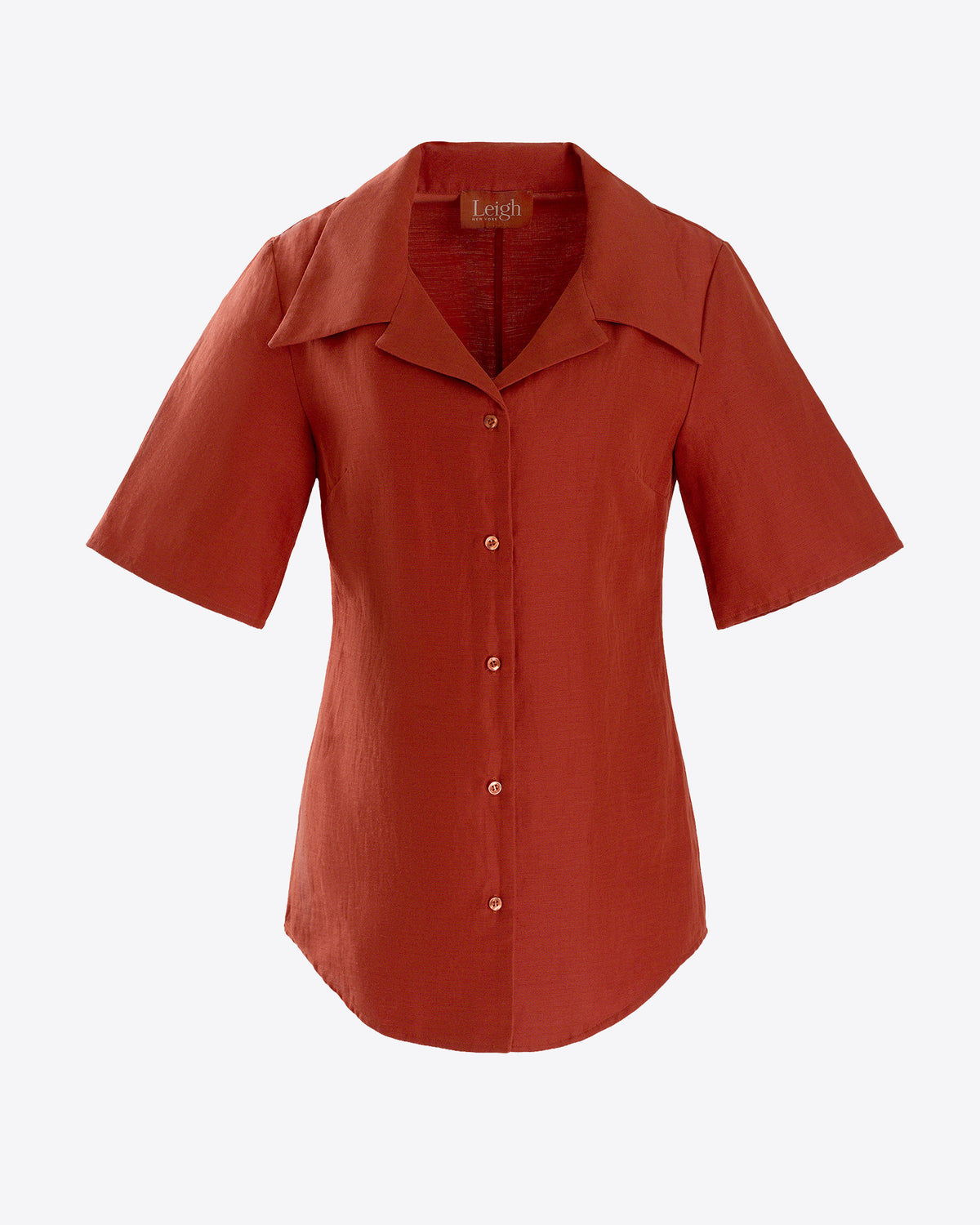 Sabrina short sleeve button down shirt in chili, front view