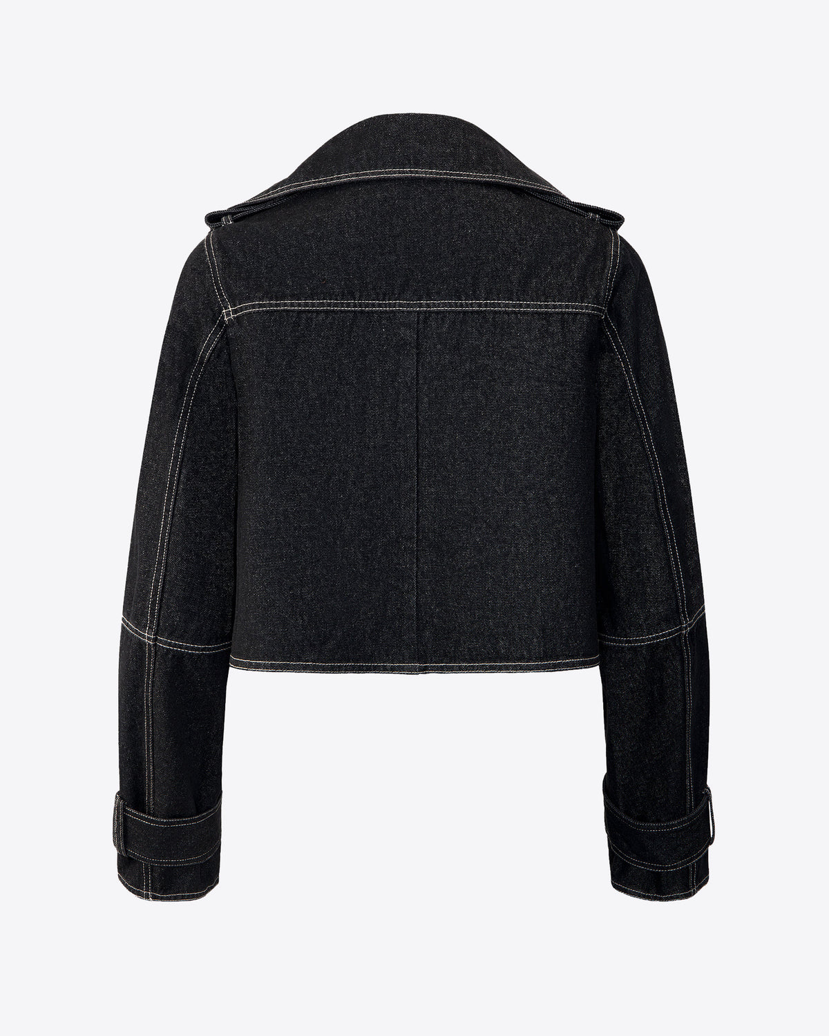 Kayla cropped denim trench, back view on dress form