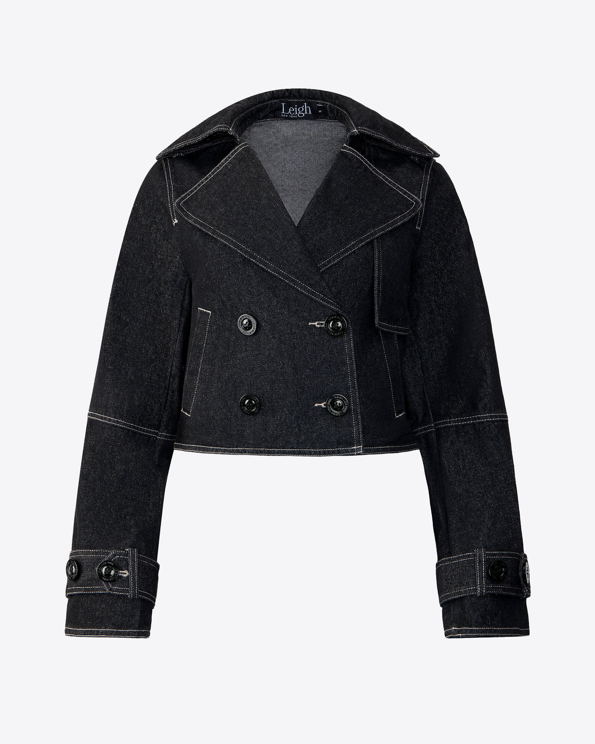 Kayla cropped denim trench, front view on dress form