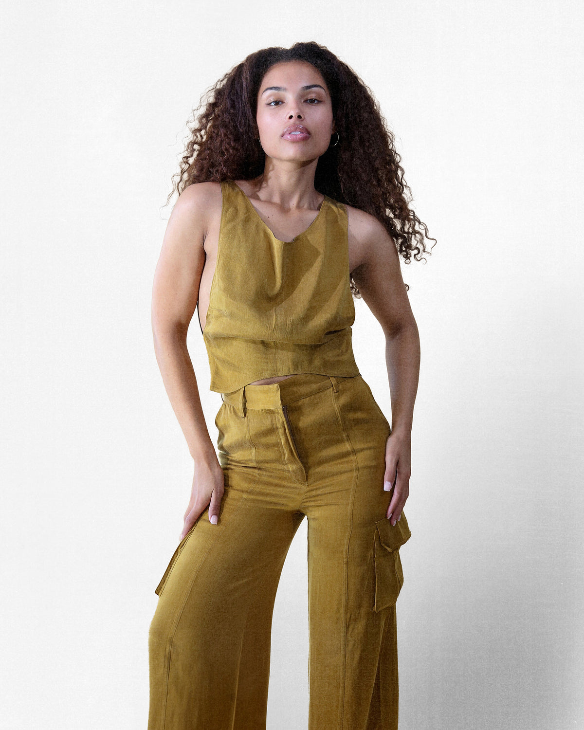 Kristine reversible cupro tank top in moss and black, front view