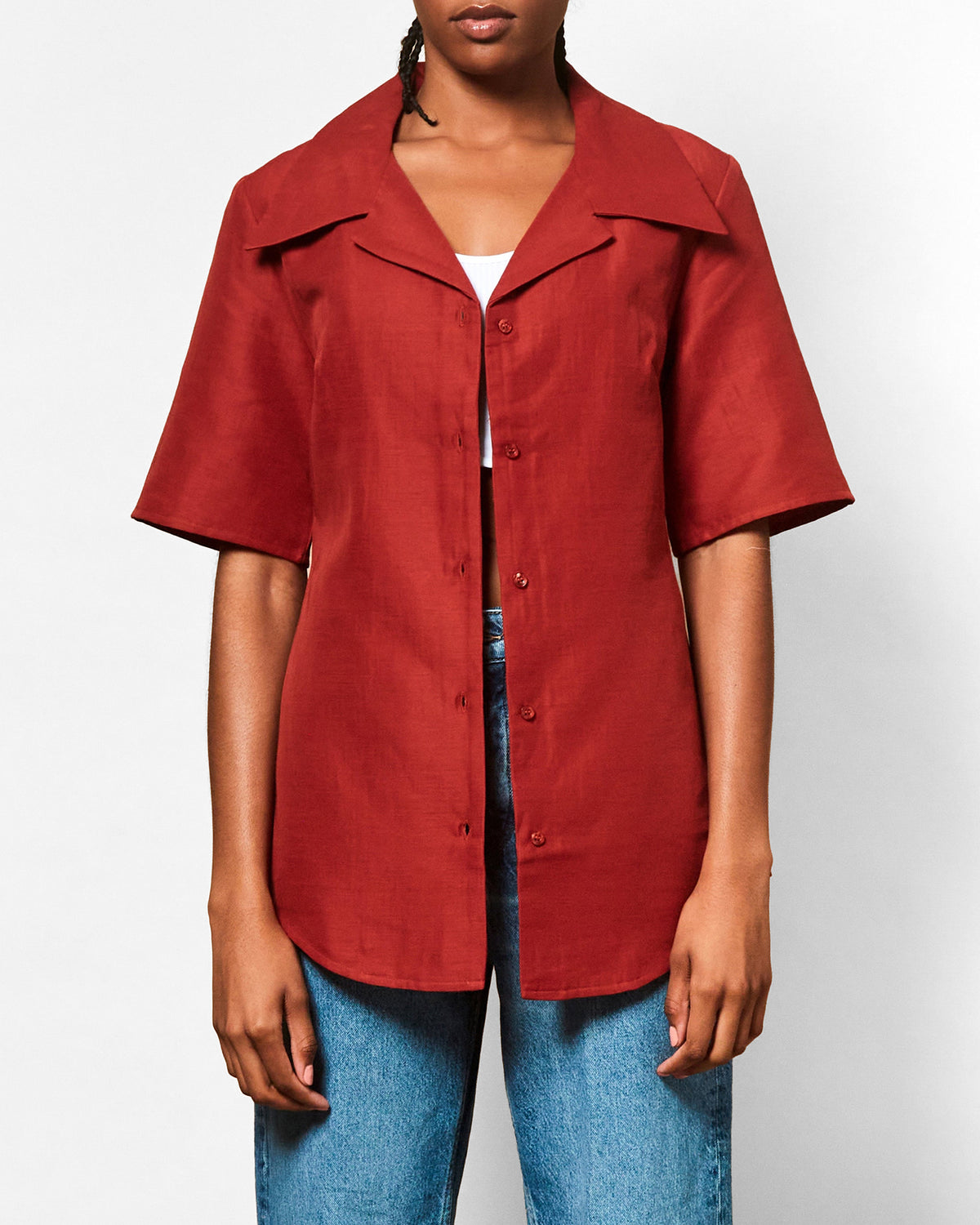 Sabrina short sleeve button down shirt in chili, styled view
