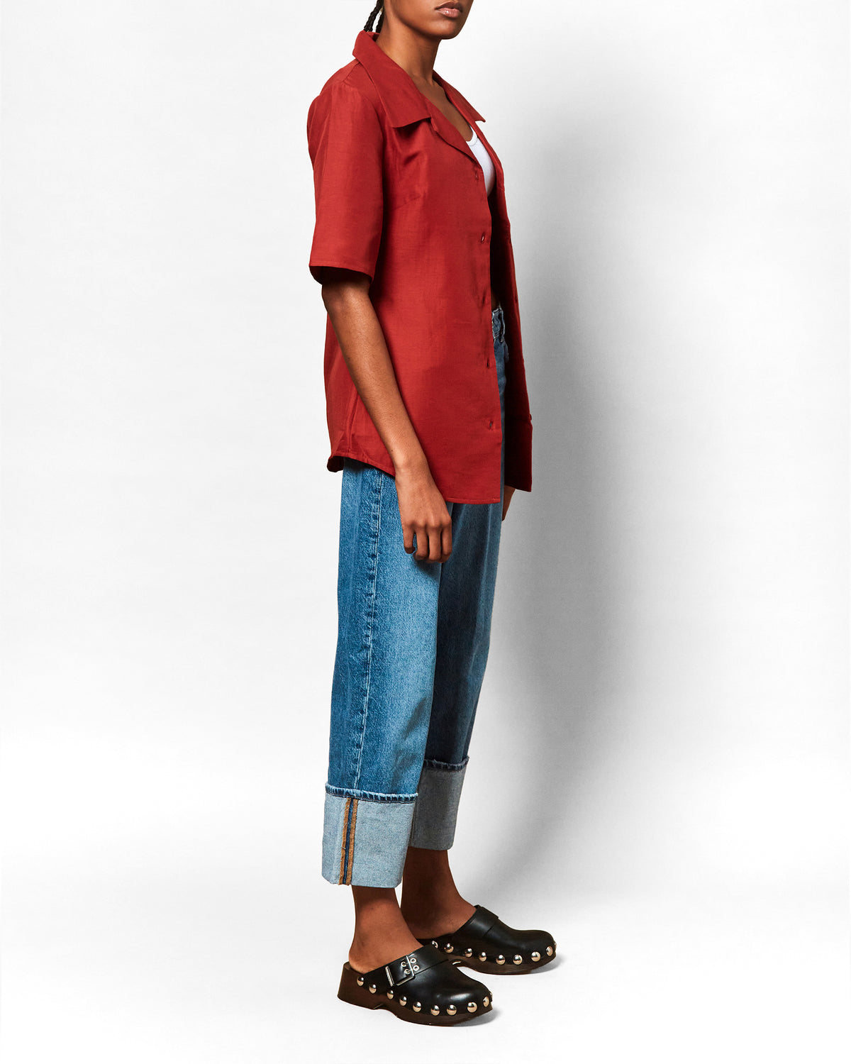 Sabrina short sleeve button down shirt in chili, styled view