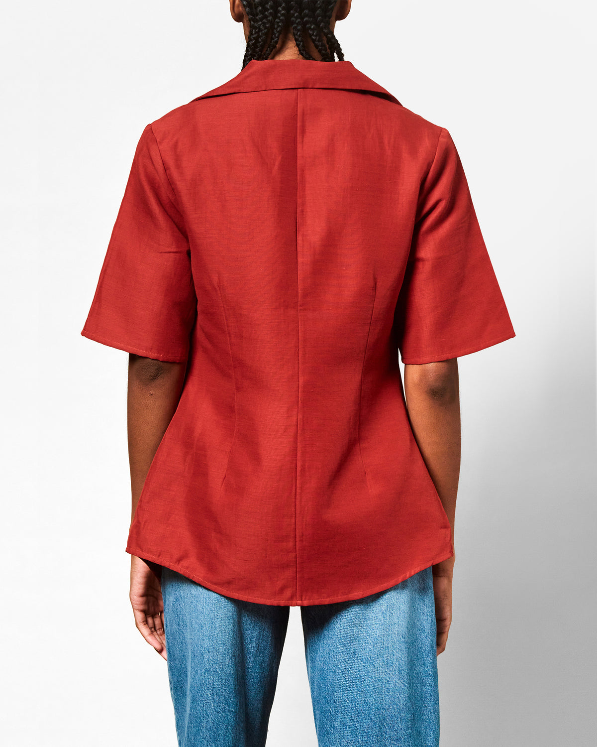 Sabrina short sleeve button down shirt in chili, styled view