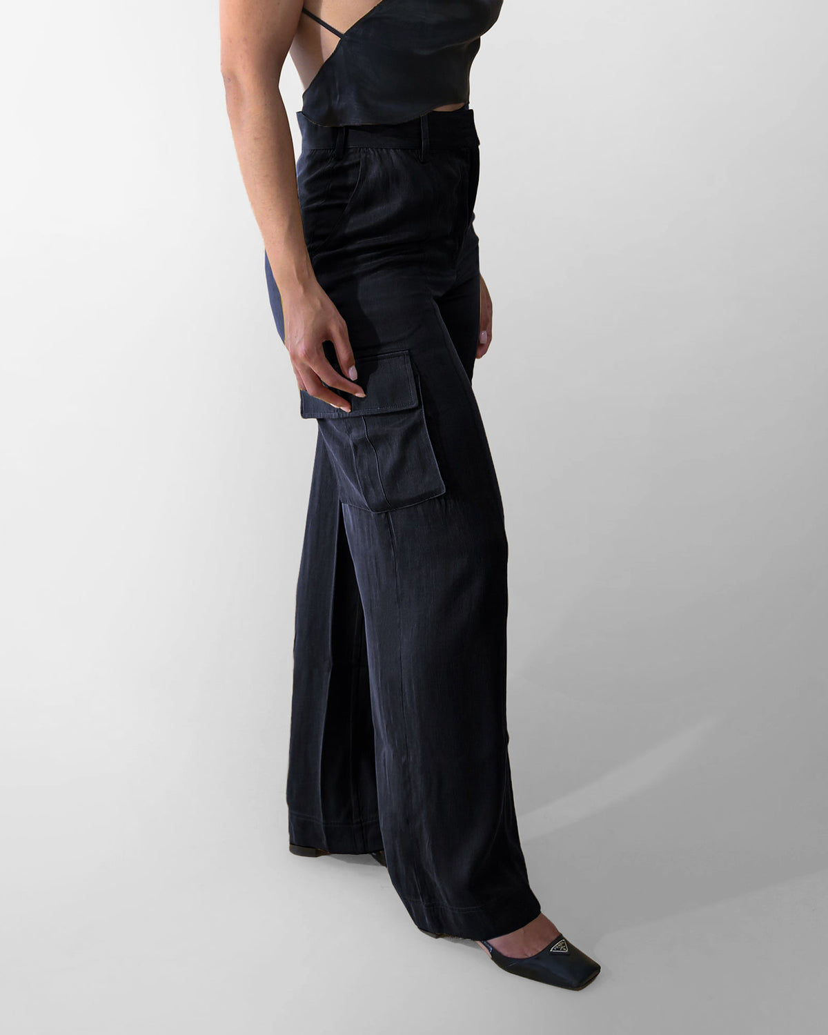 Aurora high-rise cupro pant in black, side view