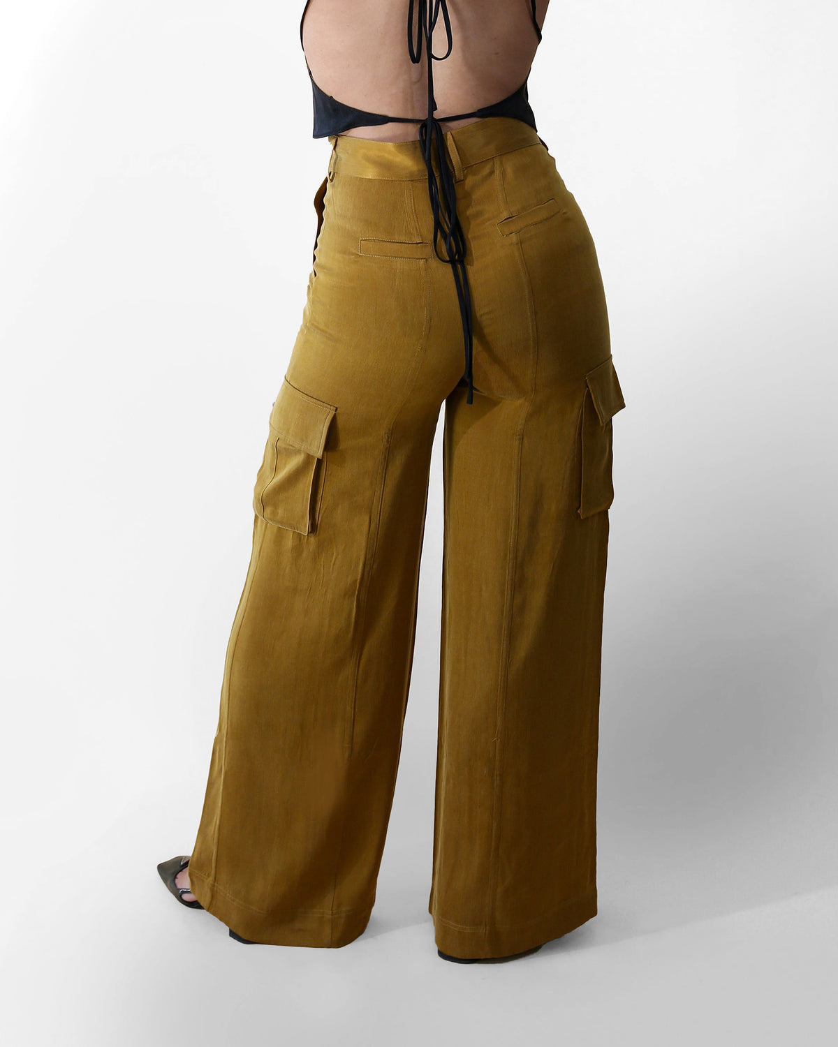Aurora high-rise cupro pant in moss, back view