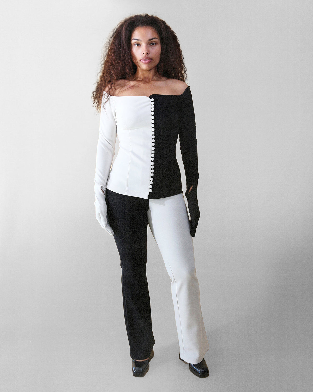 Josephine corset top with gloves in black and champagne, front view
