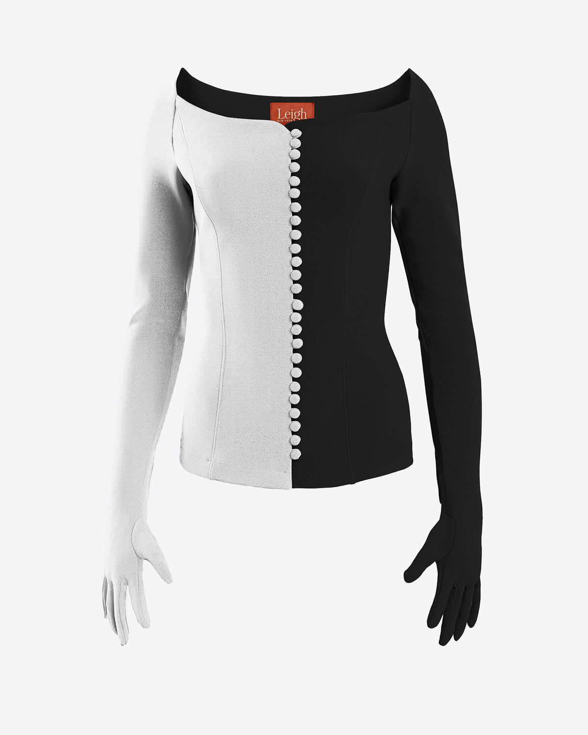 Josephine corset top with gloves in black and champagne, front view on dress form