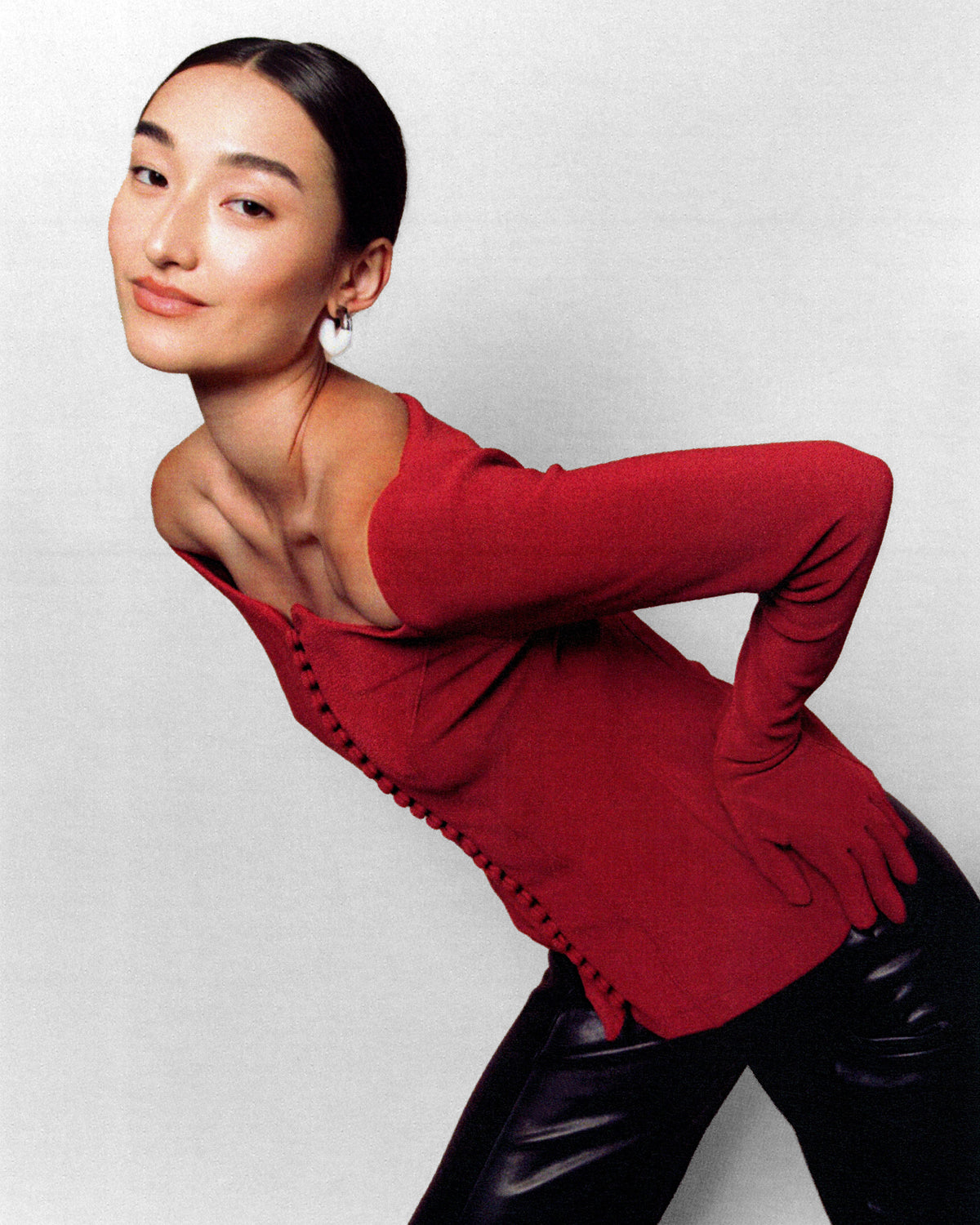 Josephine corset top with gloves in chili, front view
