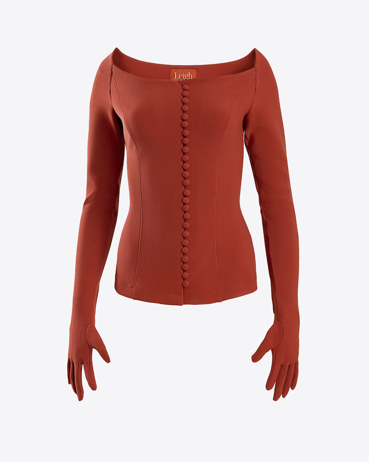 Josephine corset top with gloves in chili, front view on dress form