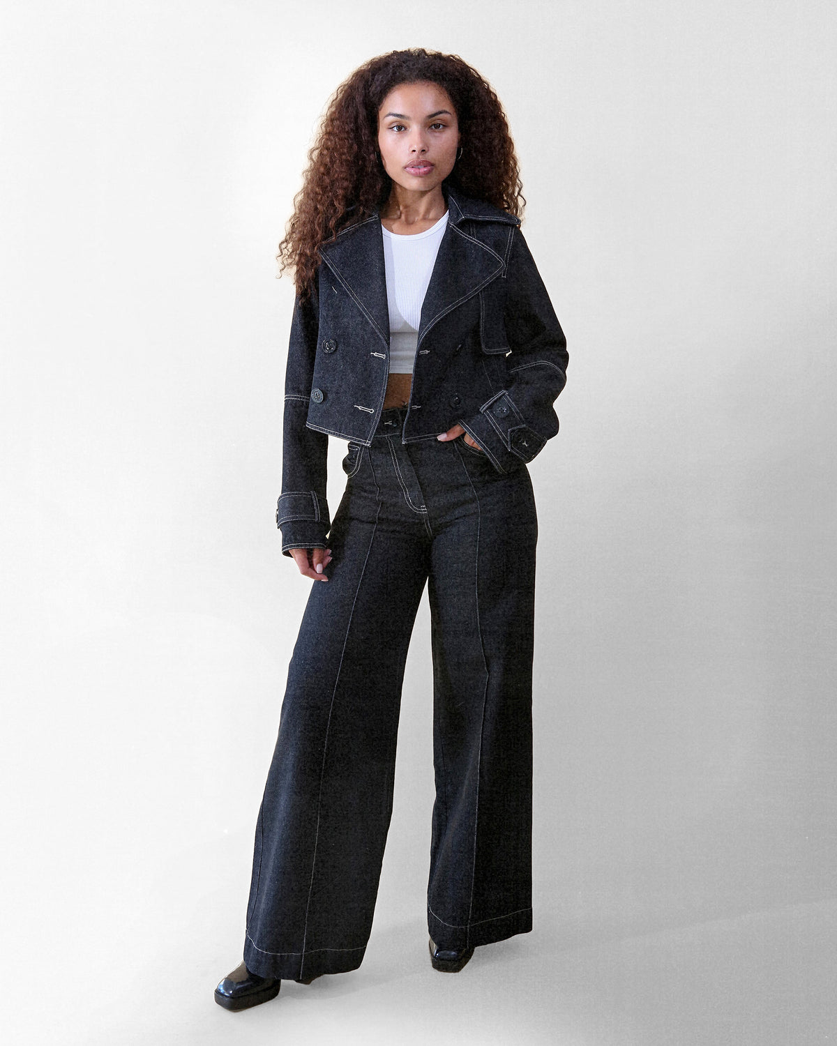 Kayla cropped denim trench, front view