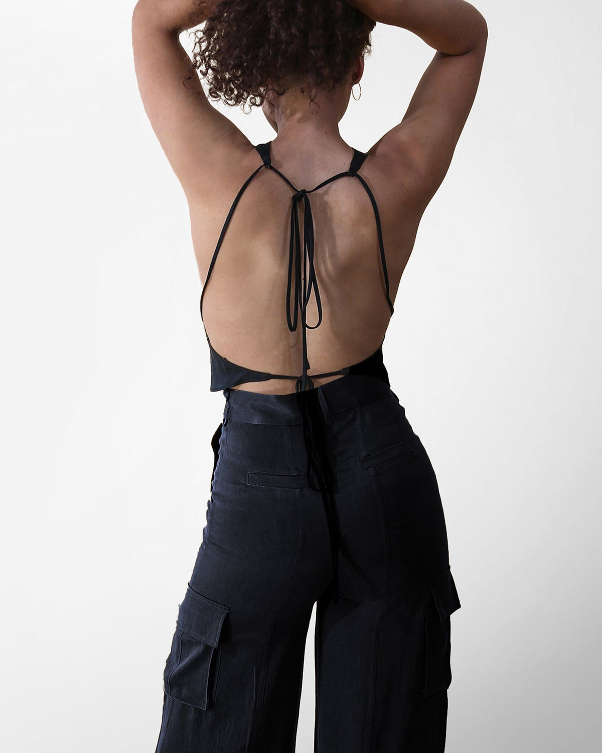 Kristine reversible cupro tank top in moss and black, back view