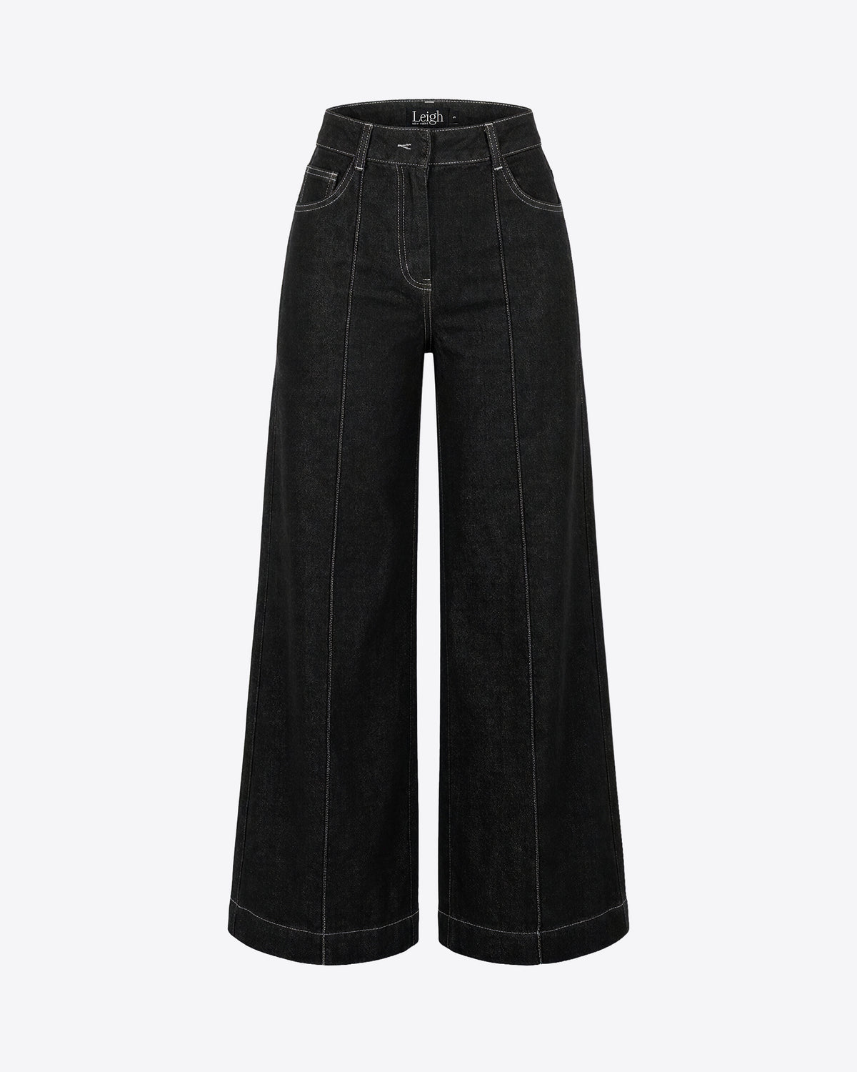Maya mid-rise denim pant, front view on dress form