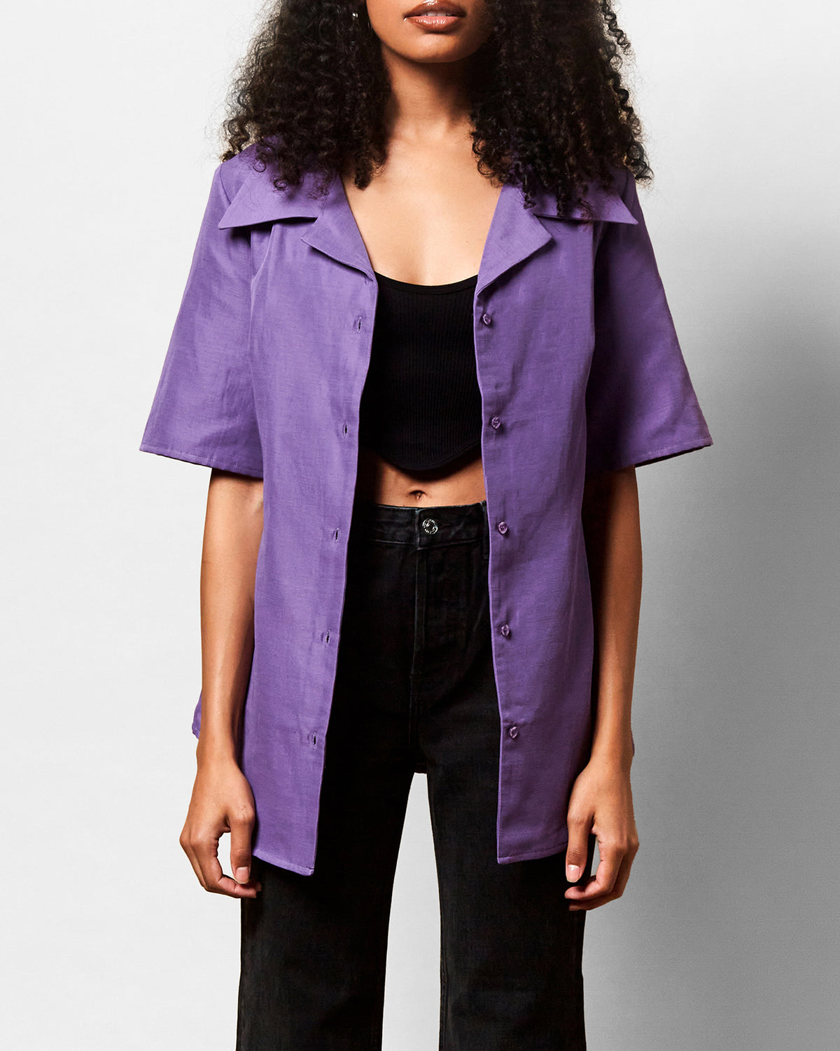 Sabrina short sleeve button down shirt in orchid, styled view