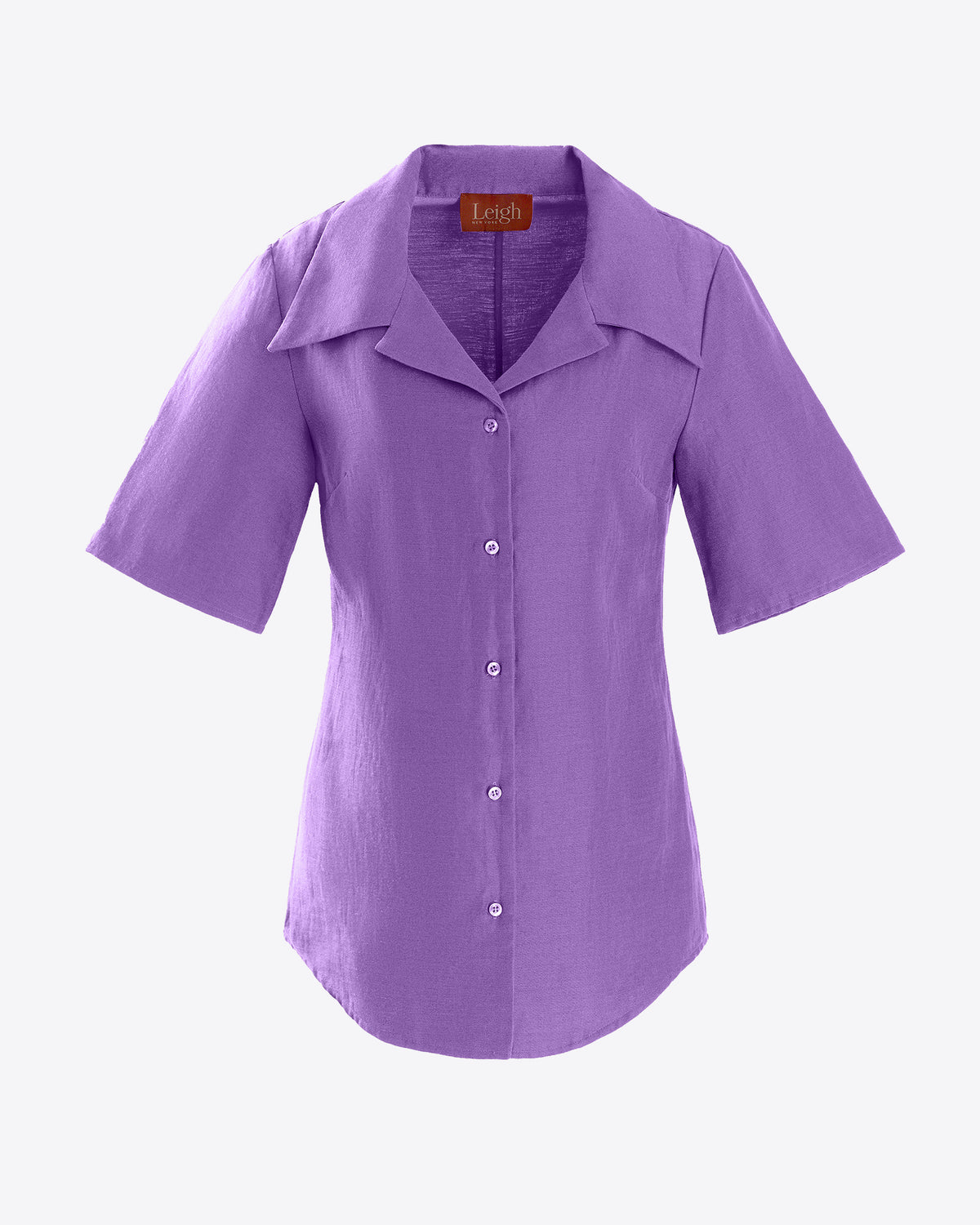 Sabrina short sleeve button down shirt in orchid, front view